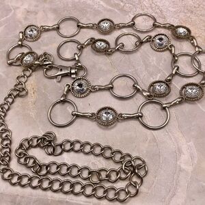 Stylish Silver Tone Circle Chain Belt w/ Round Crystal Details. 30 to 50 inches